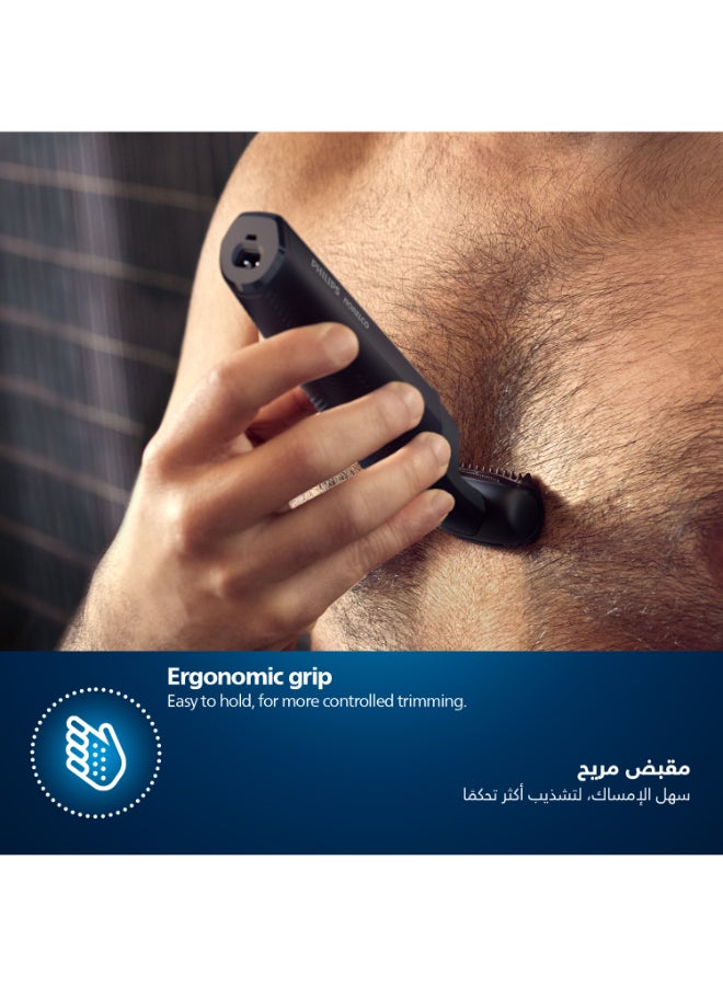 Bodygroom BG3017/01,Showerproof Groin & Body Trimmer,Hypoallergenic Blades, Close & Comfortable Shave, 3mm Comb,50min Cordless, Ergonomic Grip Black/Grey/Silver