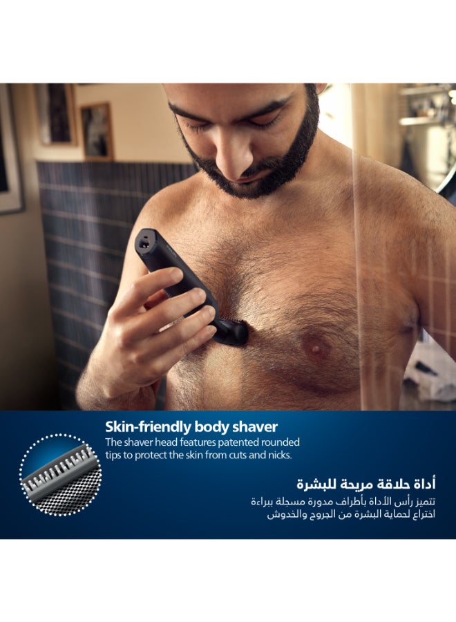 Bodygroom BG3017/01,Showerproof Groin & Body Trimmer,Hypoallergenic Blades, Close & Comfortable Shave, 3mm Comb,50min Cordless, Ergonomic Grip Black/Grey/Silver