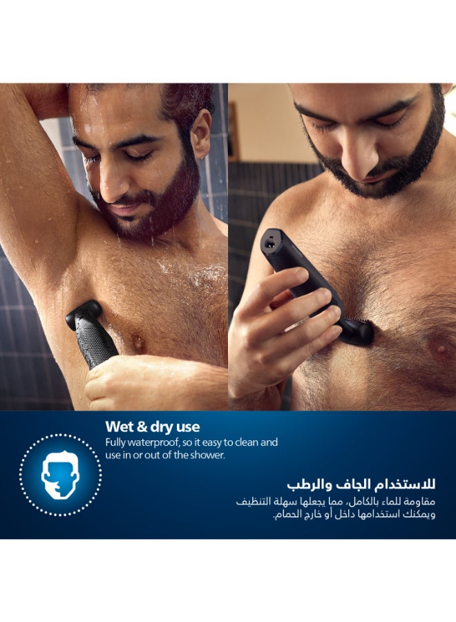 Bodygroom BG3017/01,Showerproof Groin & Body Trimmer,Hypoallergenic Blades, Close & Comfortable Shave, 3mm Comb,50min Cordless, Ergonomic Grip Black/Grey/Silver