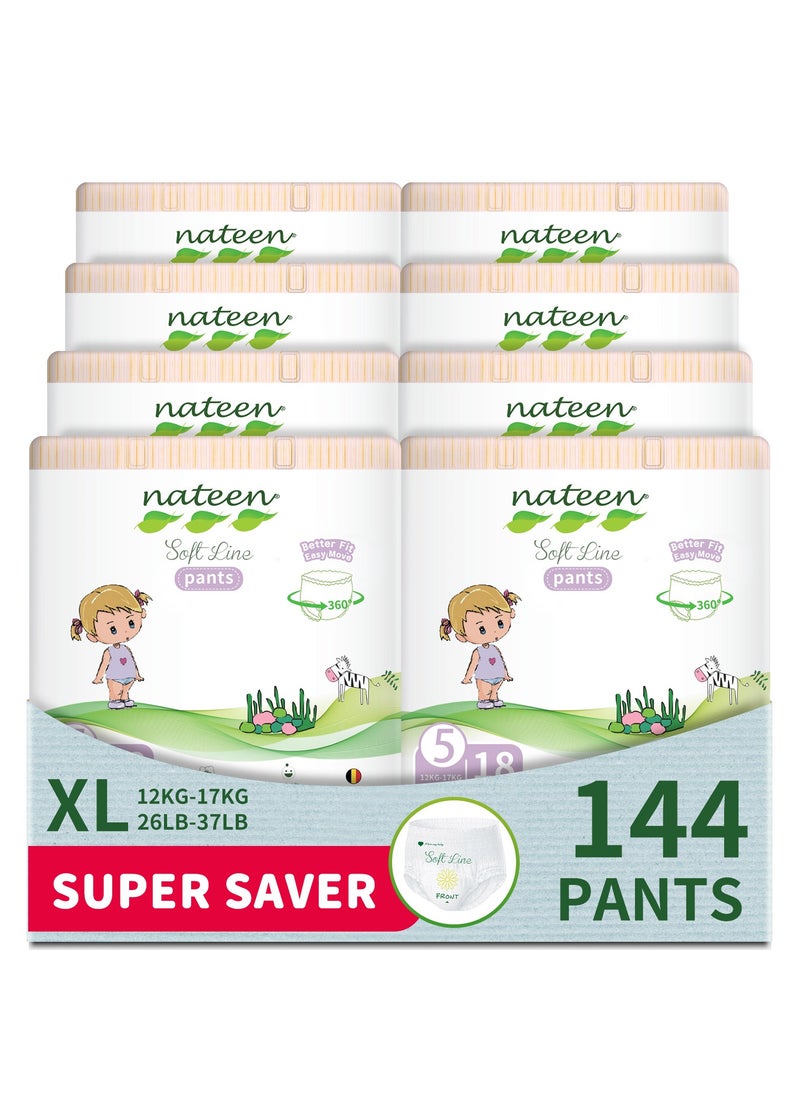 Nateen Soft Line Baby Pants Diapers, Size 5 (12-17kg), X-Large Baby Pull Ups,144 Count Diaper Pants, Super Soft and Breathable Baby Diapers Pants.
