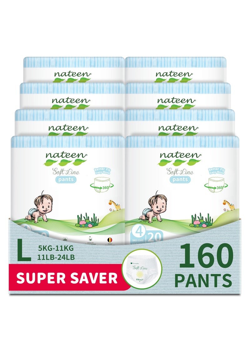Nateen Soft Line Baby Pants Diapers ,Size 4 (9-14kg),Large Baby Pull Ups,160 Count Diaper Pants,Super Soft and Breathable Baby Diapers Pants.