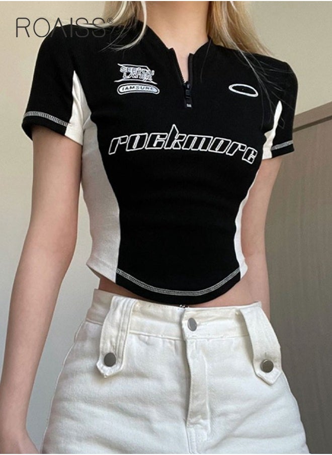 Fashion Printed T-Shirt Women'S Daily Commuting Motorcycle Style Embroidered Cropped Top Irregular Hem Pullover