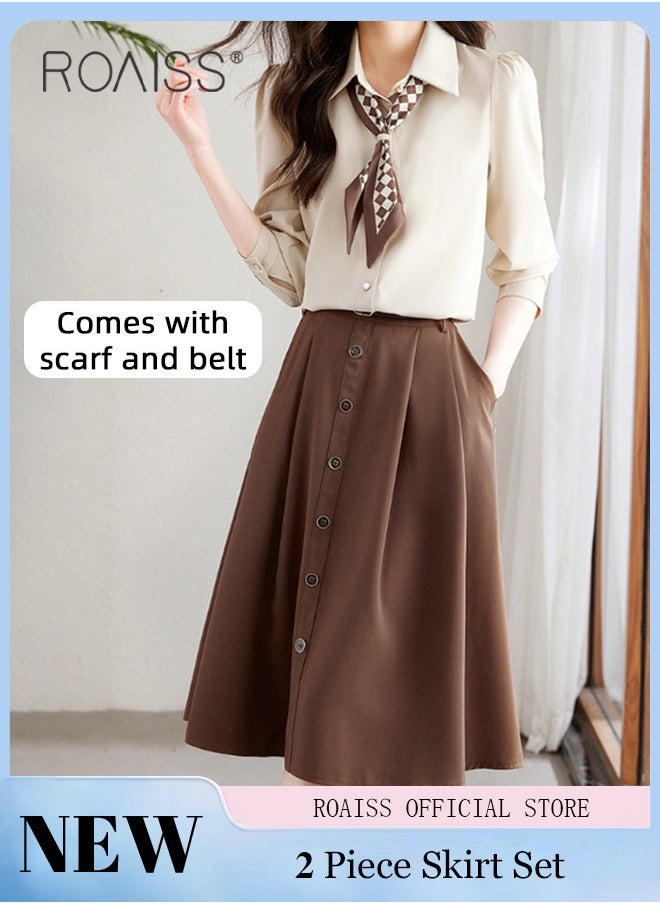 2 Pcs Skirt Set for Women Solid Color Long Sleeve Buttoned Lapel Shirt Top and Vertical Hem Exquisite High Waist Skirt Ladies Elegant Temperament Wedding Guest Costumes Comes with Scarf and Belt