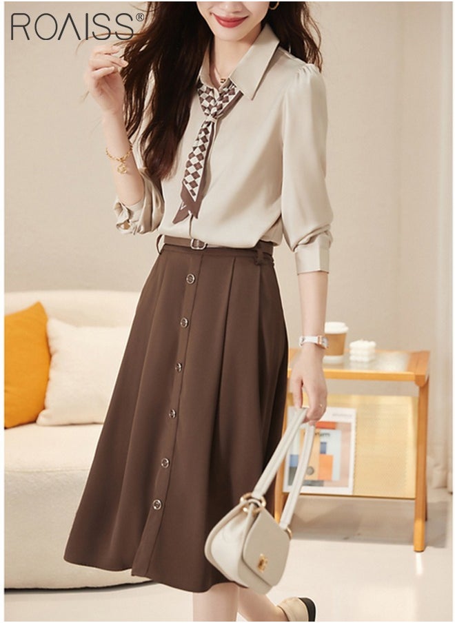 2 Pcs Skirt Set for Women Solid Color Long Sleeve Buttoned Lapel Shirt Top and Vertical Hem Exquisite High Waist Skirt Ladies Elegant Temperament Wedding Guest Costumes Comes with Scarf and Belt
