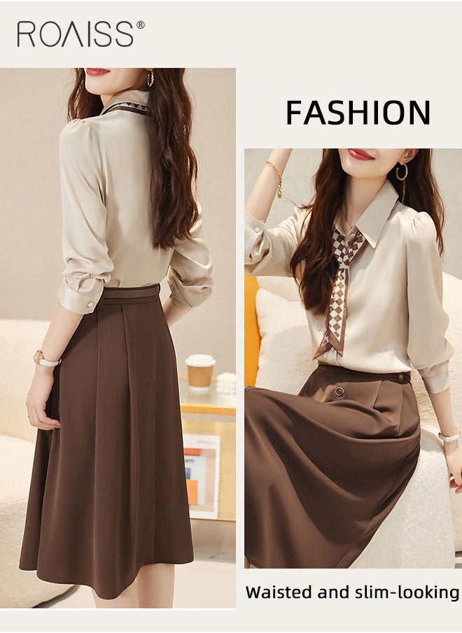 2 Pcs Skirt Set for Women Solid Color Long Sleeve Buttoned Lapel Shirt Top and Vertical Hem Exquisite High Waist Skirt Ladies Elegant Temperament Wedding Guest Costumes Comes with Scarf and Belt