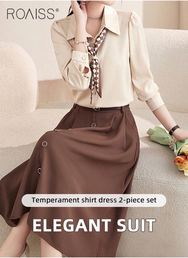 2 Pcs Skirt Set for Women Solid Color Long Sleeve Buttoned Lapel Shirt Top and Vertical Hem Exquisite High Waist Skirt Ladies Elegant Temperament Wedding Guest Costumes Comes with Scarf and Belt