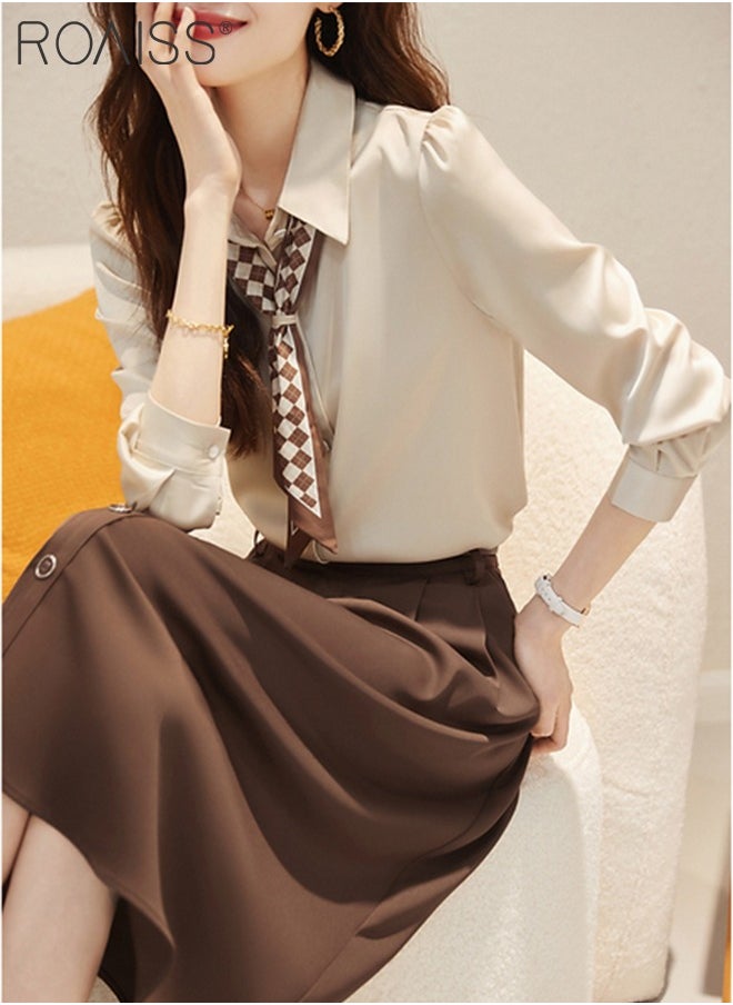 2 Pcs Skirt Set for Women Solid Color Long Sleeve Buttoned Lapel Shirt Top and Vertical Hem Exquisite High Waist Skirt Ladies Elegant Temperament Wedding Guest Costumes Comes with Scarf and Belt