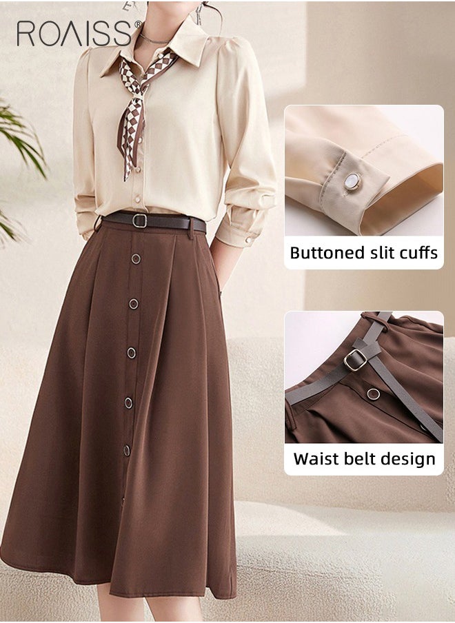 2 Pcs Skirt Set for Women Solid Color Long Sleeve Buttoned Lapel Shirt Top and Vertical Hem Exquisite High Waist Skirt Ladies Elegant Temperament Wedding Guest Costumes Comes with Scarf and Belt