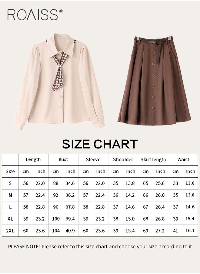 2 Pcs Skirt Set for Women Solid Color Long Sleeve Buttoned Lapel Shirt Top and Vertical Hem Exquisite High Waist Skirt Ladies Elegant Temperament Wedding Guest Costumes Comes with Scarf and Belt