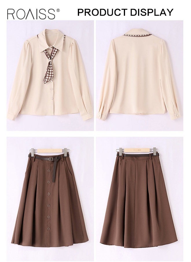 2 Pcs Skirt Set for Women Solid Color Long Sleeve Buttoned Lapel Shirt Top and Vertical Hem Exquisite High Waist Skirt Ladies Elegant Temperament Wedding Guest Costumes Comes with Scarf and Belt