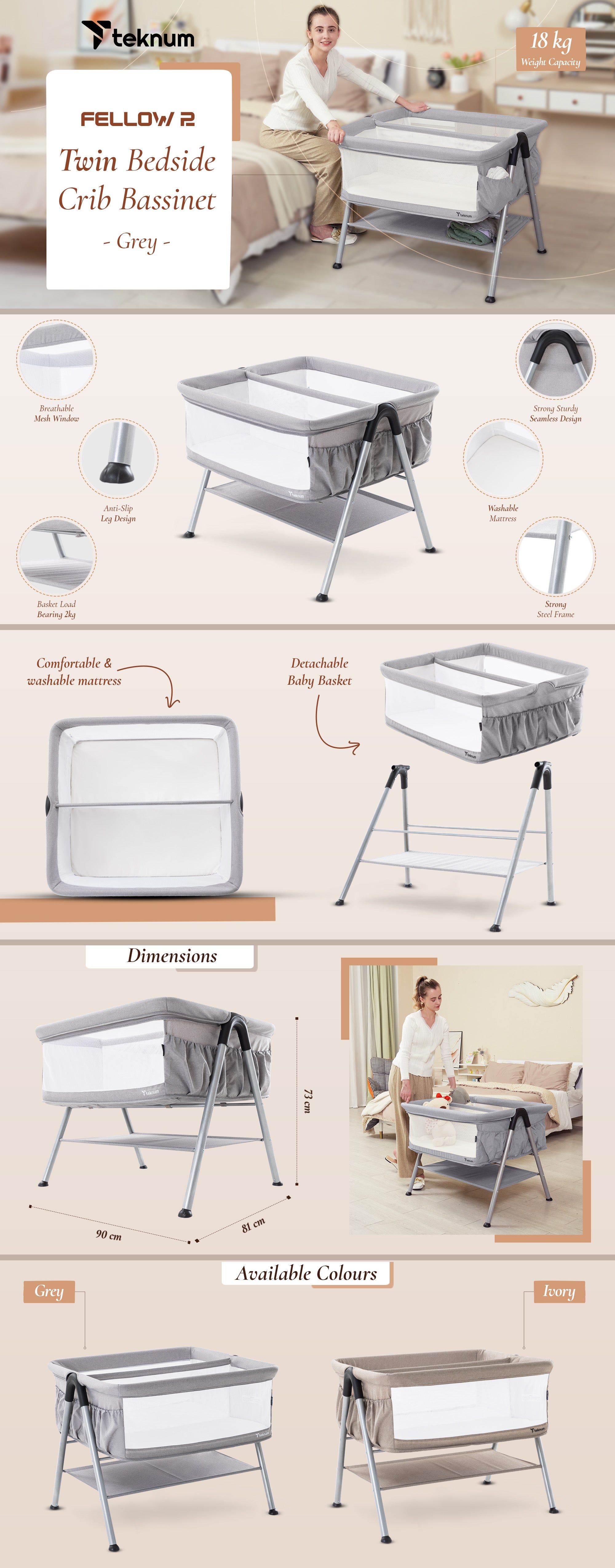 Teknum FELLOW 2 Twin Bedside Crib Bassinet - Grey
