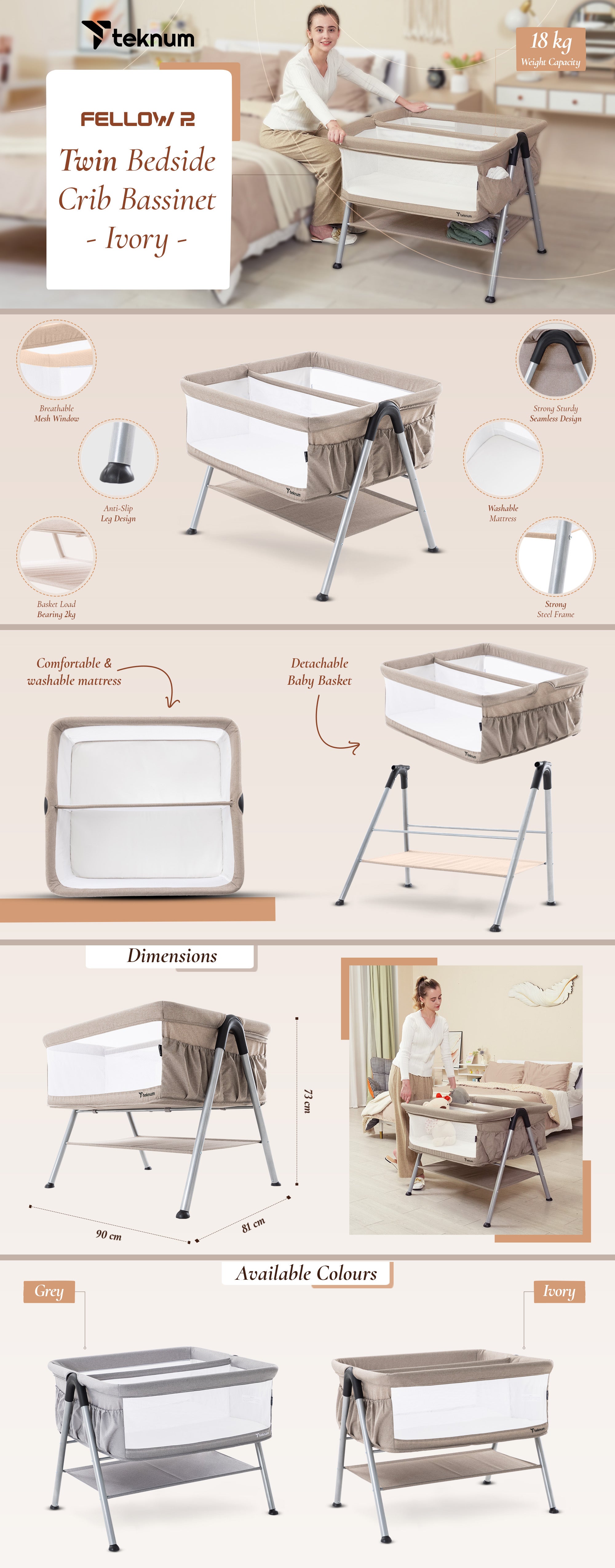 Teknum FELLOW 2 Twin Bedside Crib Bassinet - Ivory
