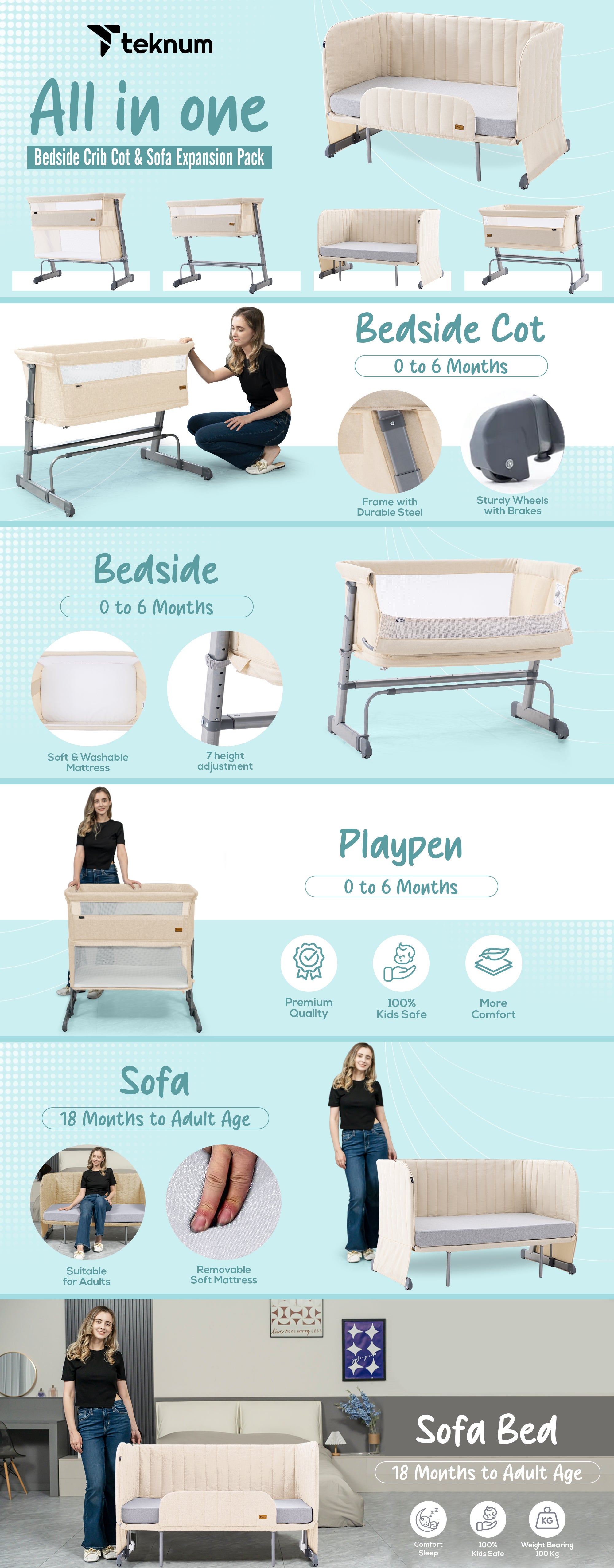 All In One, 0-4 Years Bedside Crib Cot And Sofa Expansion Pack - Ivory