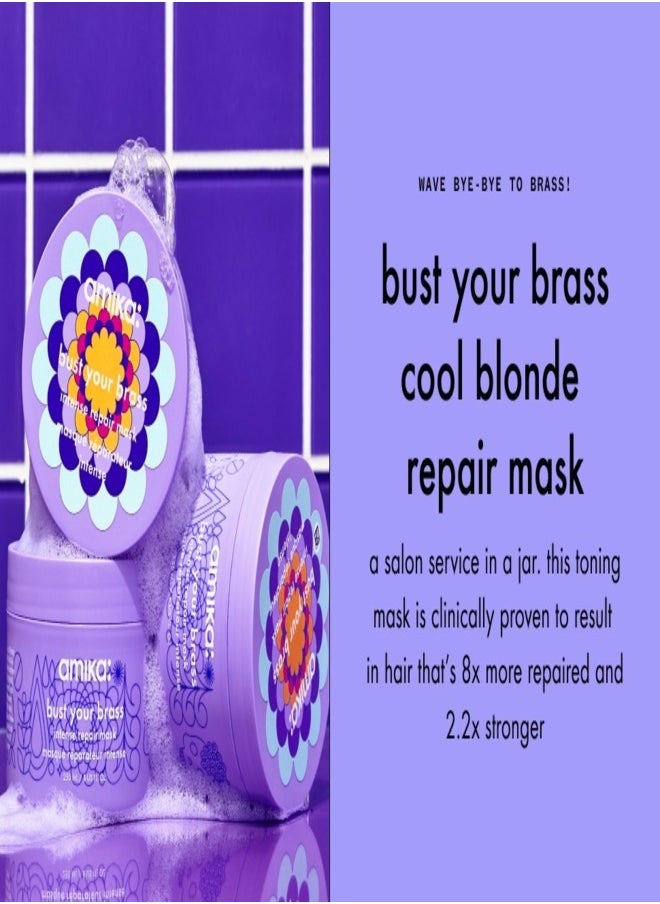 Amika Bust Your Brass Toning Repair Mask 250ml – Ultra-Violet, Deep Conditioning Hair Mask with Bond Cure Technology to Neutralize Brassiness and Repair Damage for Blonde, Silver, and Gray Hair – Restores Cool Tones, Strength, and Shine, Vegan & Cruelty-Free