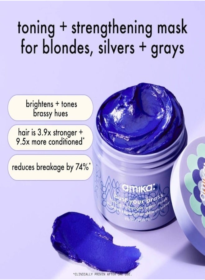 Amika Bust Your Brass Toning Repair Mask 250ml – Ultra-Violet, Deep Conditioning Hair Mask with Bond Cure Technology to Neutralize Brassiness and Repair Damage for Blonde, Silver, and Gray Hair – Restores Cool Tones, Strength, and Shine, Vegan & Cruelty-Free