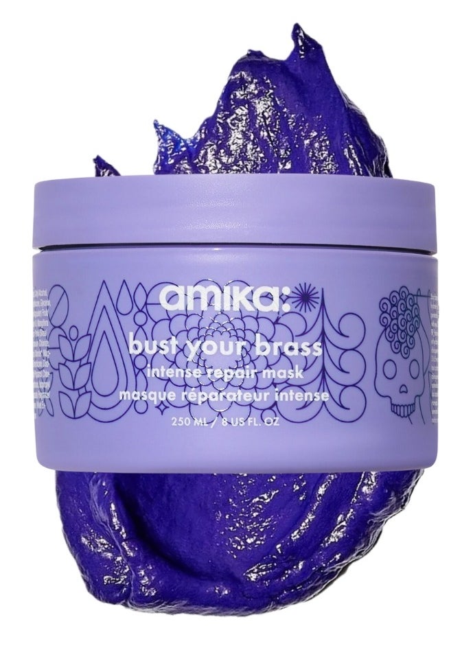 Amika Bust Your Brass Toning Repair Mask 250ml – Ultra-Violet, Deep Conditioning Hair Mask with Bond Cure Technology to Neutralize Brassiness and Repair Damage for Blonde, Silver, and Gray Hair – Restores Cool Tones, Strength, and Shine, Vegan & Cruelty-Free