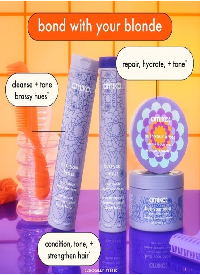 Amika Bust Your Brass Toning Repair Mask 250ml – Ultra-Violet, Deep Conditioning Hair Mask with Bond Cure Technology to Neutralize Brassiness and Repair Damage for Blonde, Silver, and Gray Hair – Restores Cool Tones, Strength, and Shine, Vegan & Cruelty-Free