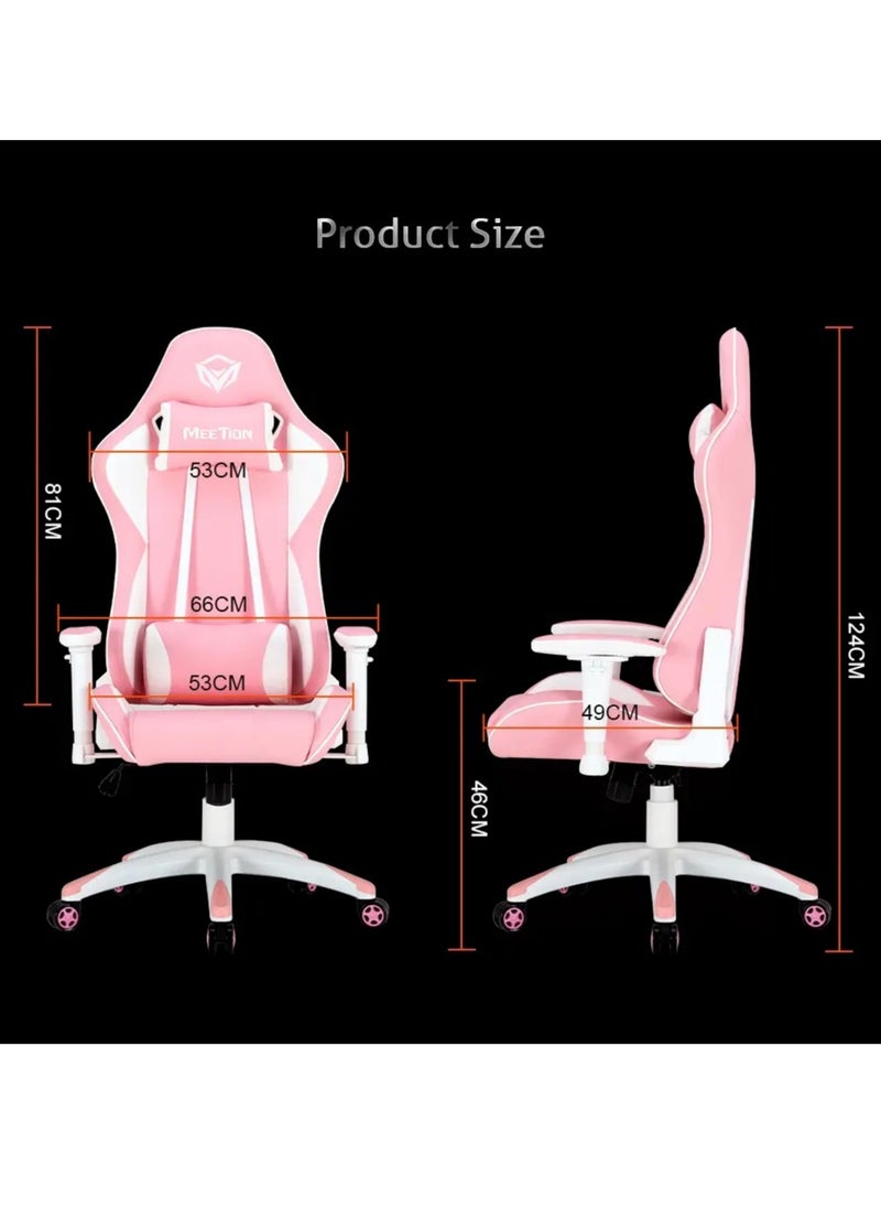 Meetion Cute Pink Racing E-Sport Gaming Chair CHR16 Racing seat 2d swivel armrest Neck support headrest tilted back 180 degrees (Pink/White)