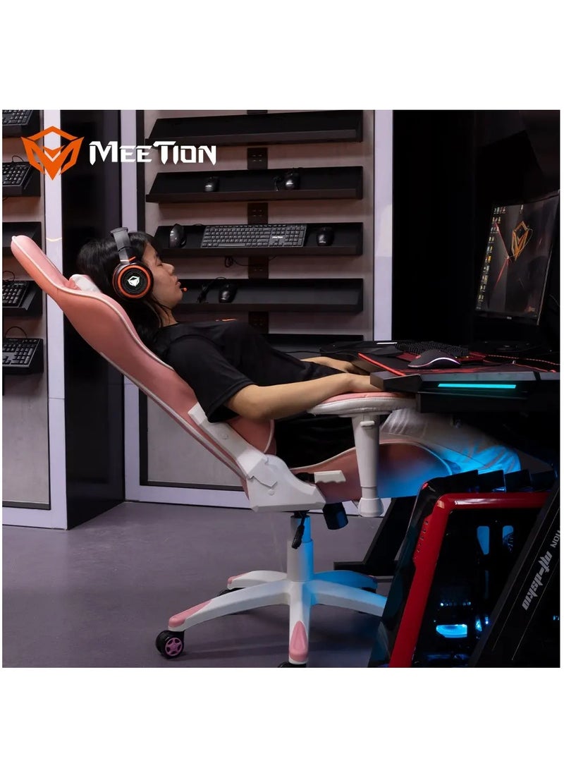 Meetion Cute Pink Racing E-Sport Gaming Chair CHR16 Racing seat 2d swivel armrest Neck support headrest tilted back 180 degrees (Pink/White)