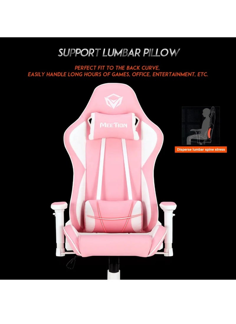 Meetion Cute Pink Racing E-Sport Gaming Chair CHR16 Racing seat 2d swivel armrest Neck support headrest tilted back 180 degrees (Pink/White)