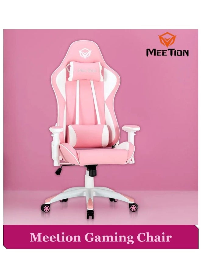 Meetion Cute Pink Racing E-Sport Gaming Chair CHR16 Racing seat 2d swivel armrest Neck support headrest tilted back 180 degrees (Pink/White)