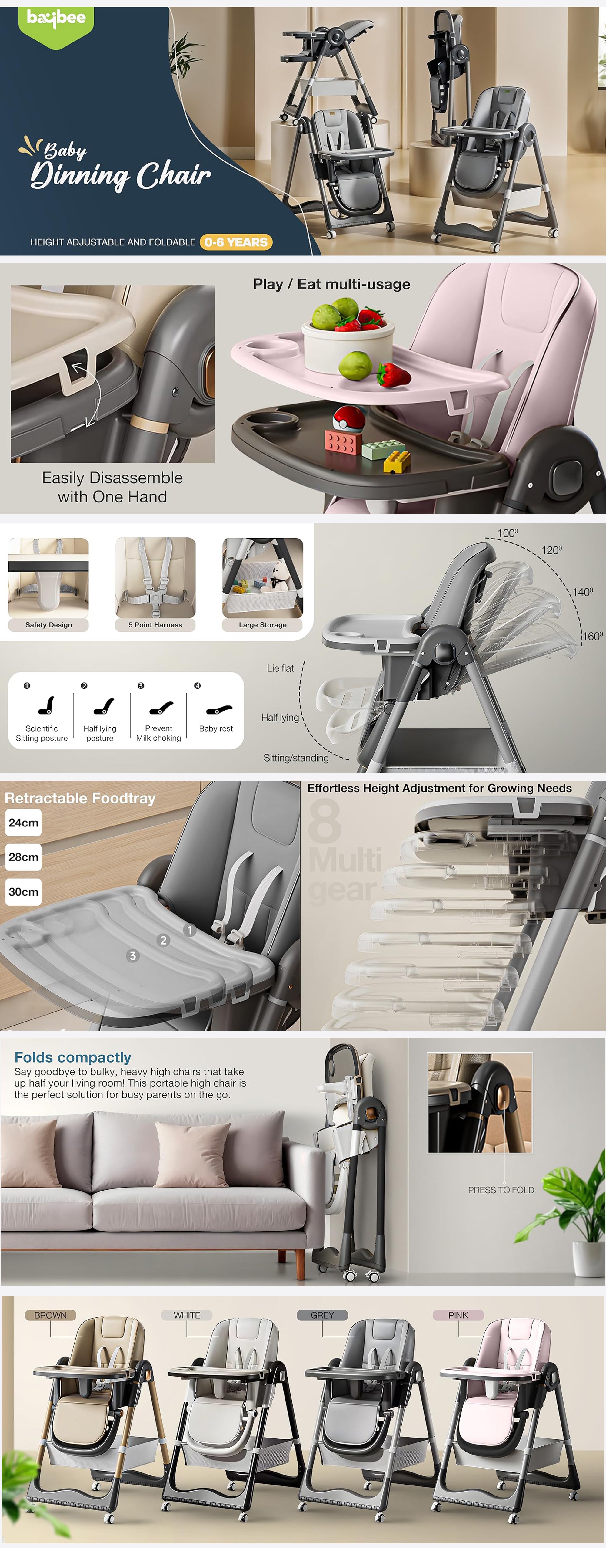 3 In 1 Baby Feeding High Chair With 8 Height Adjustable, Footrest, Tray, 160 Degree Recline, 5 Point Safety Belt And Wheels, 0 - 6 Years Pink