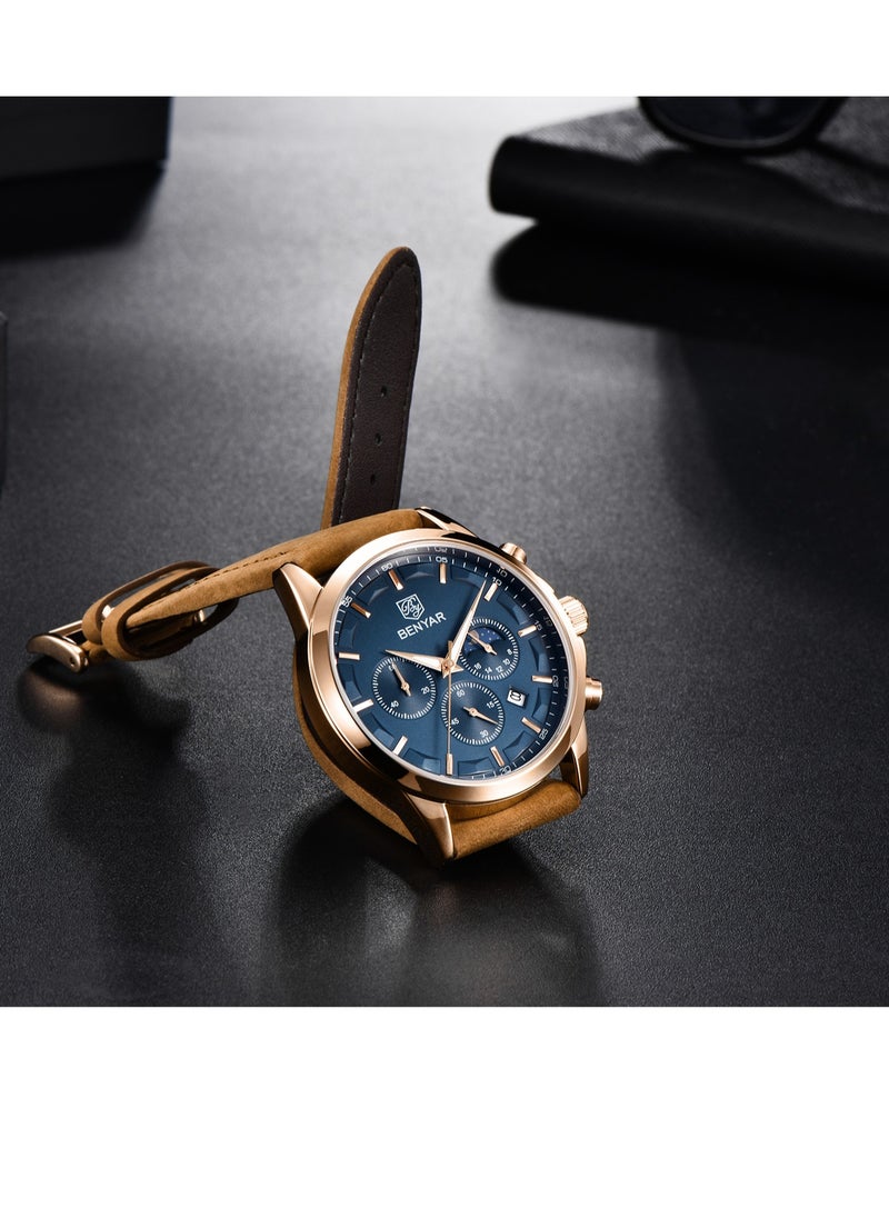 Watches for Men Luxury Quartz Water Resistant Watch Men's Chronograph Genuine Leather Strap 5160