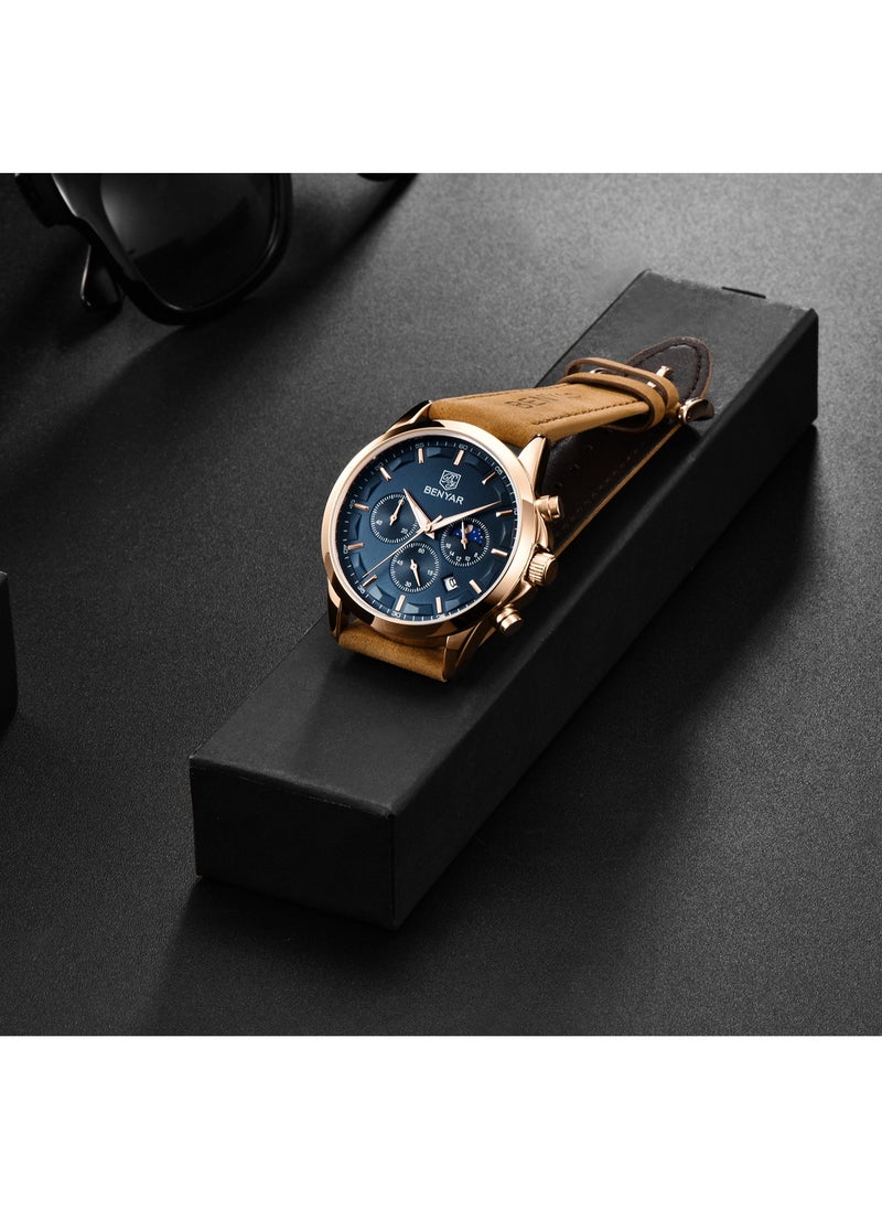 Watches for Men Luxury Quartz Water Resistant Watch Men's Chronograph Genuine Leather Strap 5160