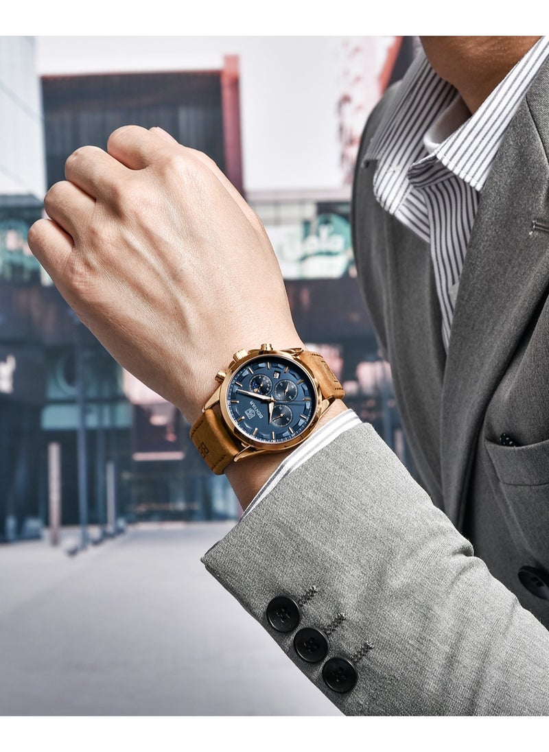 Watches for Men Luxury Quartz Water Resistant Watch Men's Chronograph Genuine Leather Strap 5160