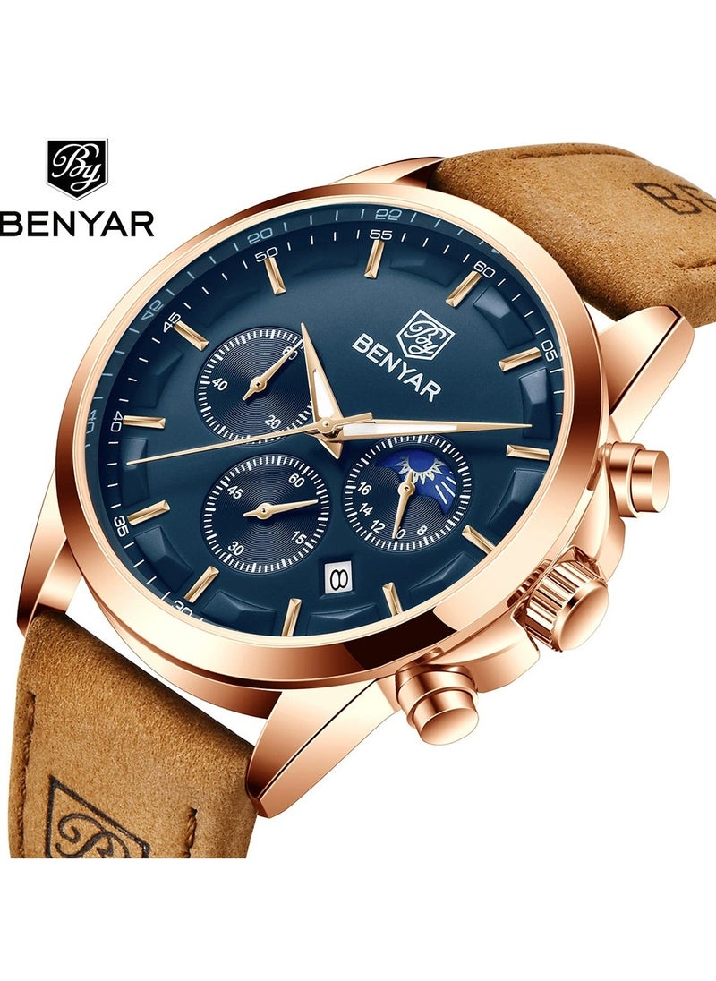 Watches for Men Luxury Quartz Water Resistant Watch Men's Chronograph Genuine Leather Strap 5160
