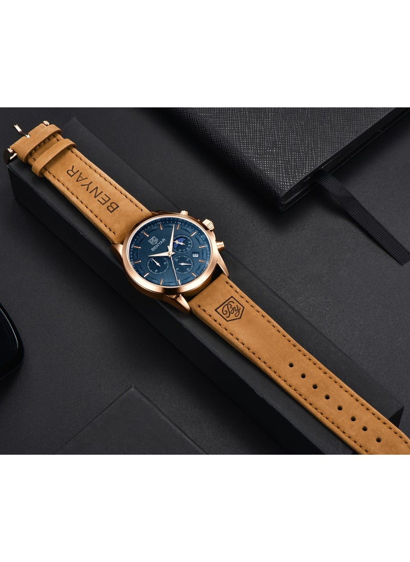 Watches for Men Luxury Quartz Water Resistant Watch Men's Chronograph Genuine Leather Strap 5160