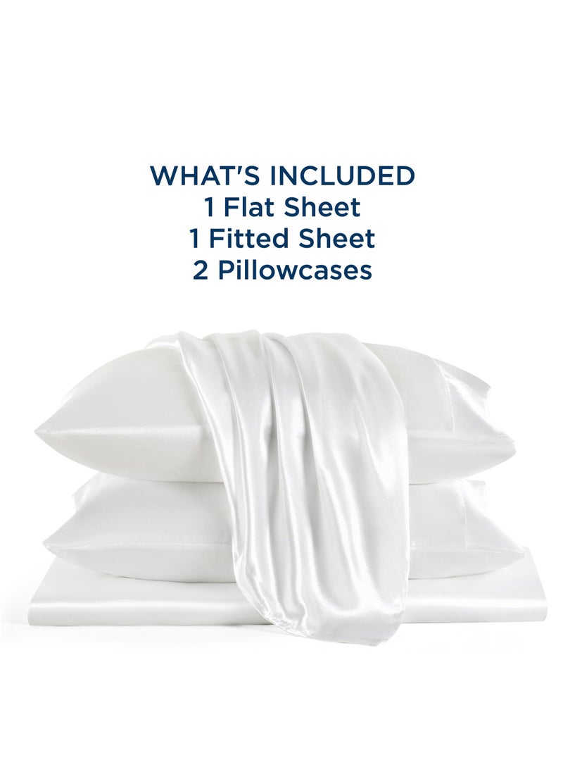 4 Piece Sheet & Pillowcase Sets Bed Sheets Full Bedding Set (1 Flat Sheet 1 Fitted Sheet 2 Pillow Cases )Silky Satin White