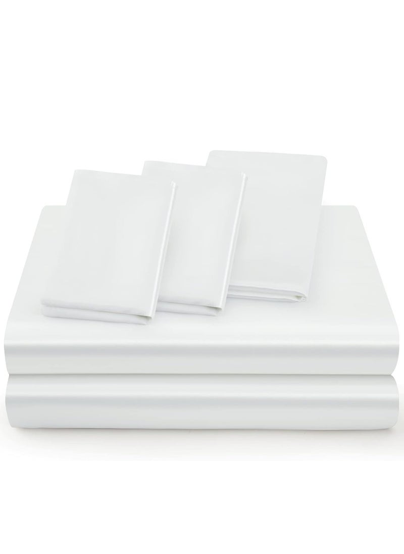 4 Piece Sheet & Pillowcase Sets Bed Sheets Full Bedding Set (1 Flat Sheet 1 Fitted Sheet 2 Pillow Cases )Silky Satin White
