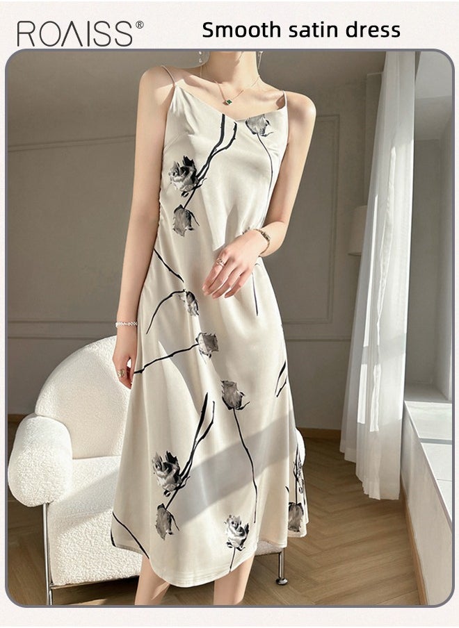 Quality Satin Floral Printed Cami Dress for Women Stylish A-Line Dress Off-the-Shoulder Beach Dress for Vacation Ladies Elegant Silk Spaghetti Strap V-Neck Halter Midi Skirt for Summer