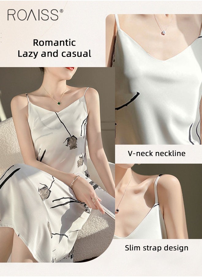 Quality Satin Floral Printed Cami Dress for Women Stylish A-Line Dress Off-the-Shoulder Beach Dress for Vacation Ladies Elegant Silk Spaghetti Strap V-Neck Halter Midi Skirt for Summer