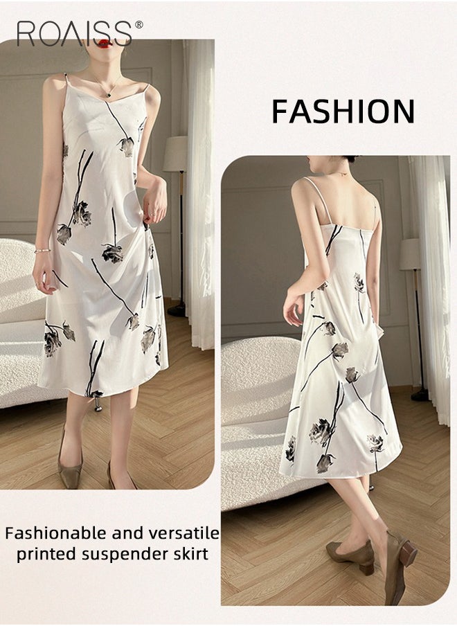 Quality Satin Floral Printed Cami Dress for Women Stylish A-Line Dress Off-the-Shoulder Beach Dress for Vacation Ladies Elegant Silk Spaghetti Strap V-Neck Halter Midi Skirt for Summer