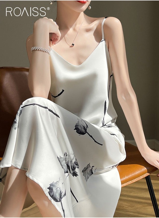 Quality Satin Floral Printed Cami Dress for Women Stylish A-Line Dress Off-the-Shoulder Beach Dress for Vacation Ladies Elegant Silk Spaghetti Strap V-Neck Halter Midi Skirt for Summer
