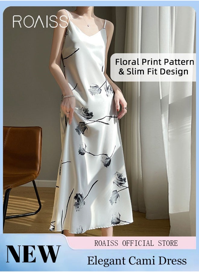 Quality Satin Floral Printed Cami Dress for Women Stylish A-Line Dress Off-the-Shoulder Beach Dress for Vacation Ladies Elegant Silk Spaghetti Strap V-Neck Halter Midi Skirt for Summer