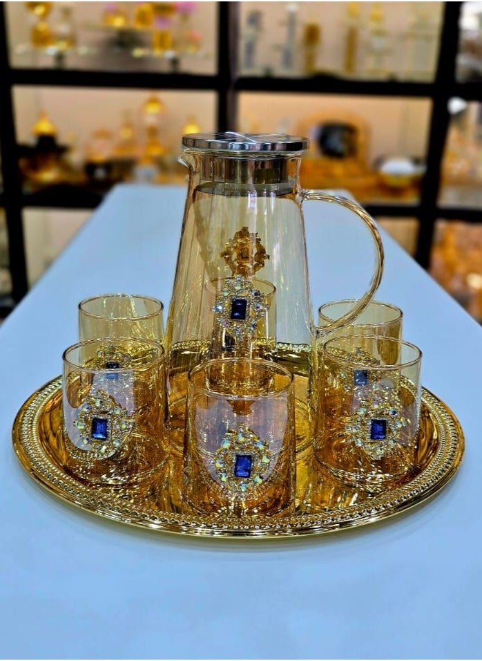 Water Set Of 8 Pieces 1 Tray Six Glass With One Jug For Water Juice High Quality Glass Material