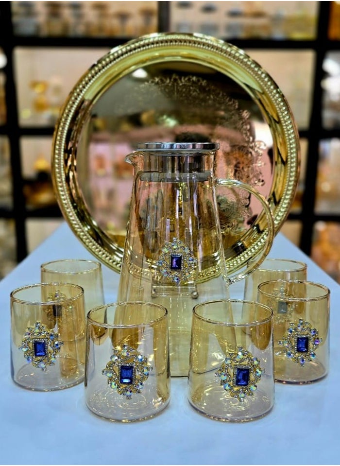 Water Set Of 8 Pieces 1 Tray Six Glass With One Jug For Water Juice High Quality Glass Material