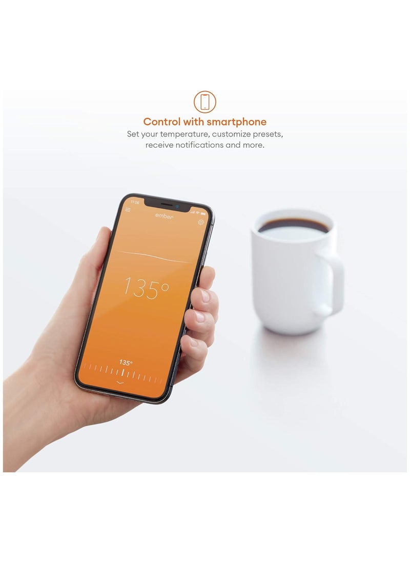 Ember Temperature Control Smart Mug with charging coaster, 10 oz, 1-hr Battery Life, IPX7, customizable led indicator light, App Controlled Heated Coffee Mug, White
