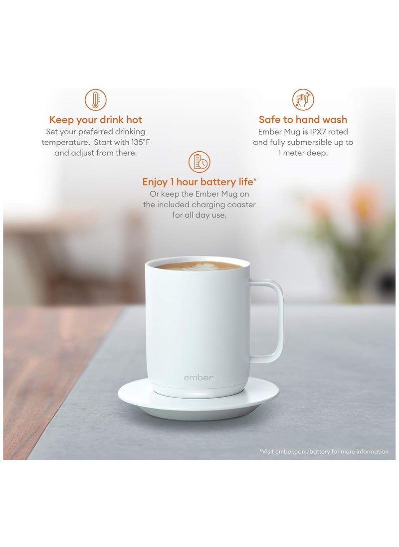 Ember Temperature Control Smart Mug with charging coaster, 10 oz, 1-hr Battery Life, IPX7, customizable led indicator light, App Controlled Heated Coffee Mug, White