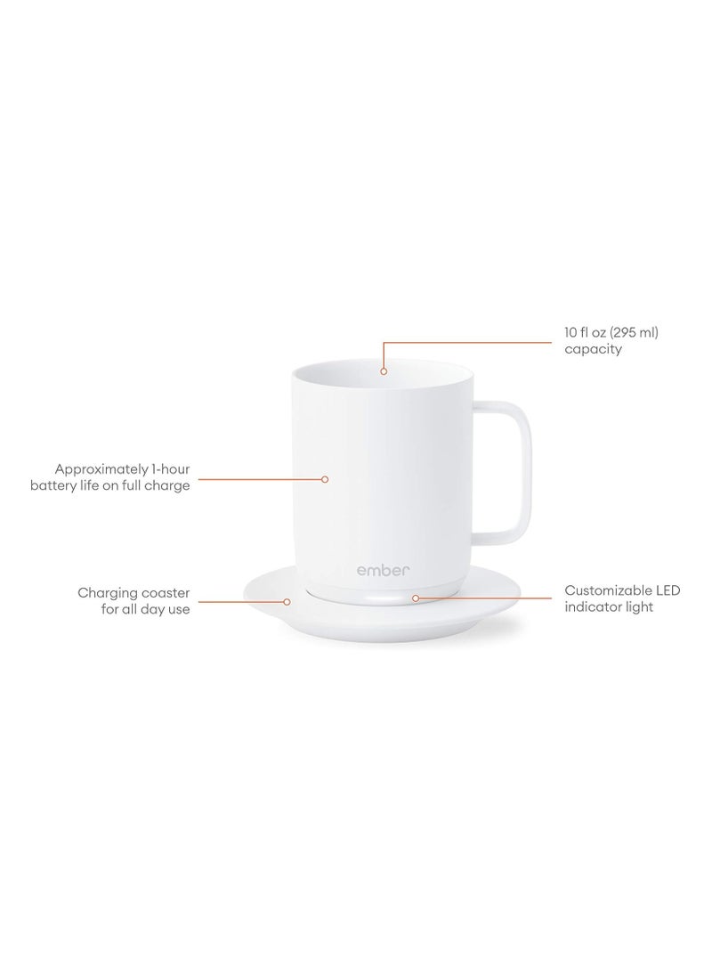 Ember Temperature Control Smart Mug with charging coaster, 10 oz, 1-hr Battery Life, IPX7, customizable led indicator light, App Controlled Heated Coffee Mug, White