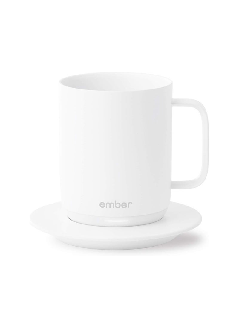 Ember Temperature Control Smart Mug with charging coaster, 10 oz, 1-hr Battery Life, IPX7, customizable led indicator light, App Controlled Heated Coffee Mug, White