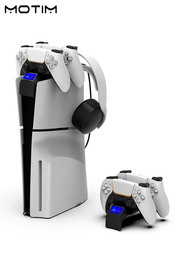 PS5 Slim Console DualSense Charging Dock with Headset Holder, PS 5 Slim Charging Station with LED Light and Fast Charging Cord, PS 5 Slim Controller Charger