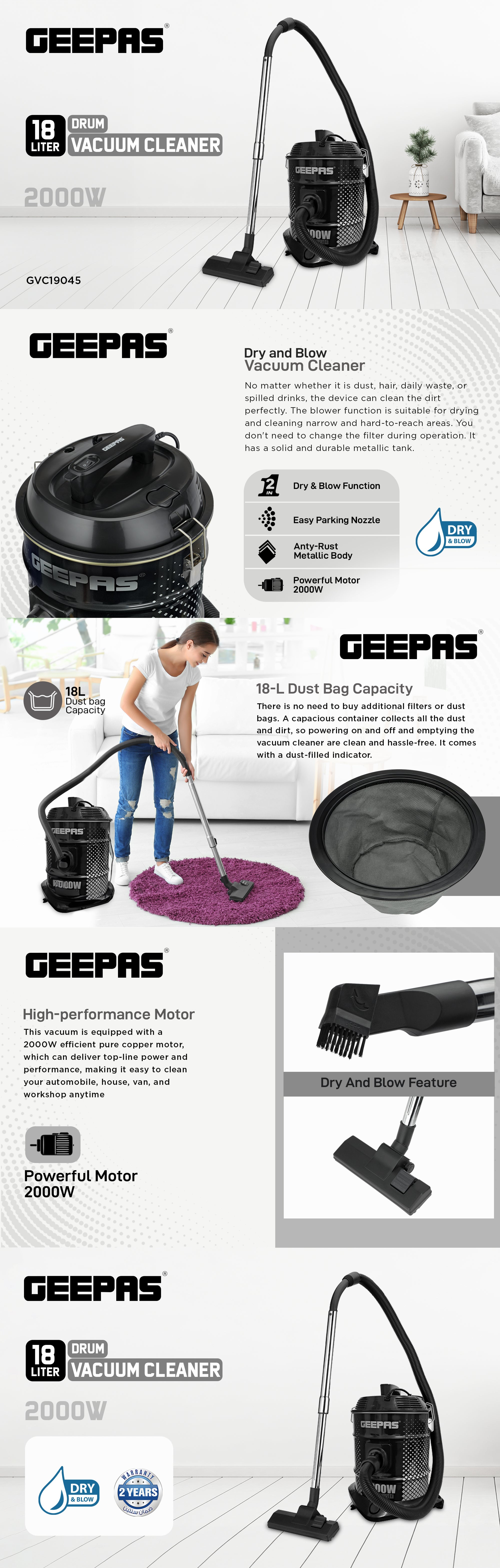 Drum Vacuum Cleaner With Powerful Suction, Dry & Blow Function, Full Indicator/Perfect For Home, Office, Apartments 18 L 2000 W GVC19045 Multicolour