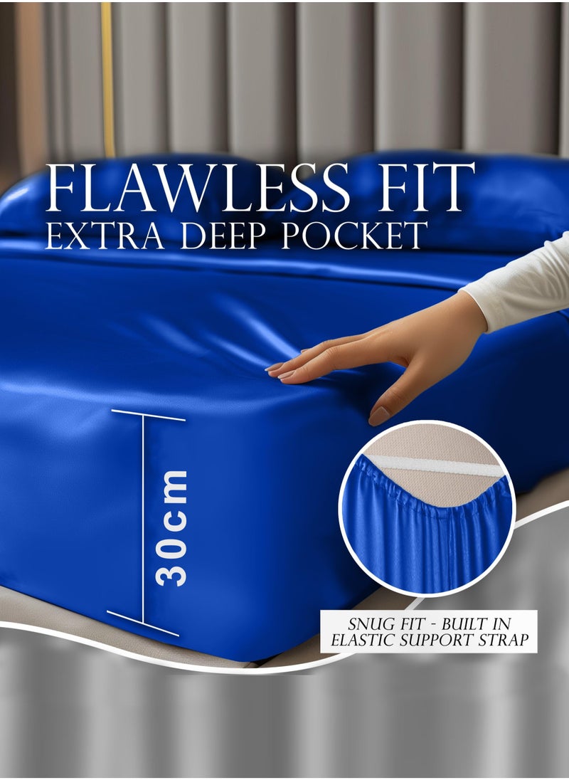 4piece Duvet Cover Sets Single Size Luxury Satin Set Skin-friendly and Comfortable and Smooth 1 quilt cover(160*210) 1 fitted bedsheet (120*200+30) 2 Pillow Cases (50*75) Silky blue