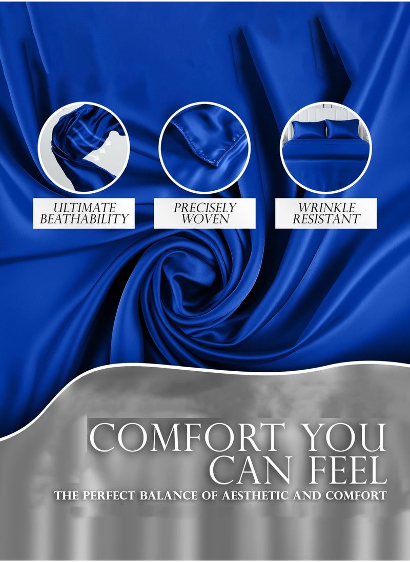 4piece Duvet Cover Sets Single Size Luxury Satin Set Skin-friendly and Comfortable and Smooth 1 quilt cover(160*210) 1 fitted bedsheet (120*200+30) 2 Pillow Cases (50*75) Silky blue