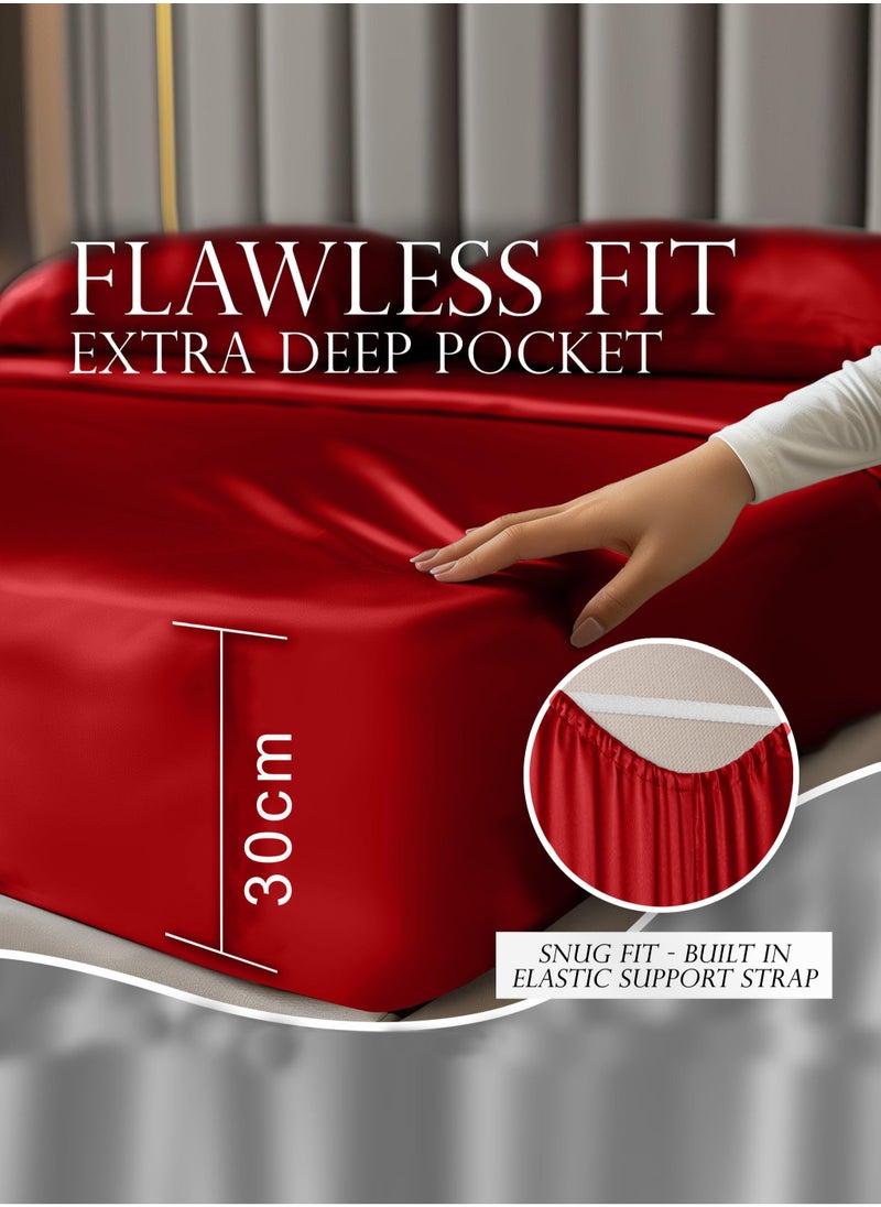 4piece Duvet Cover Sets Single Size Luxury Satin Set Skin-friendly and Comfortable and Smooth 1 quilt cover(160*210) 1 fitted bedsheet (120*200+30)  2 Pillow Cases (50*75) Silky red