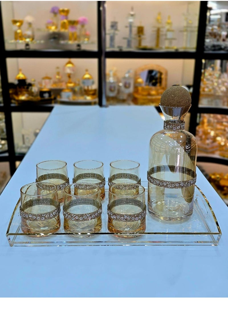 Elegant Glass Decanter Set With Cork Stopper Includes Six Matching Glasses Perfect For Serving Beverages In Style Handmade By Damanhoor